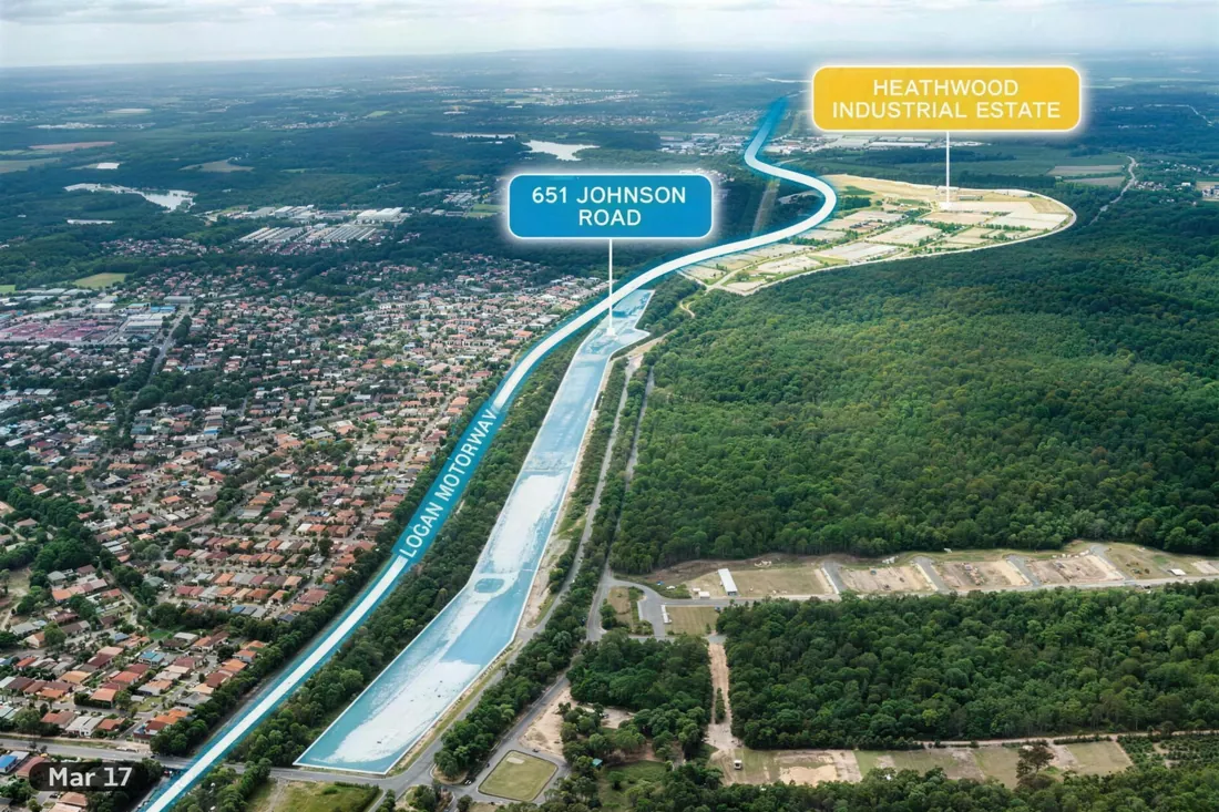 Aerial view of the 651 Johnson Road site beside the Logan Motorway near Heathwood industrial estate