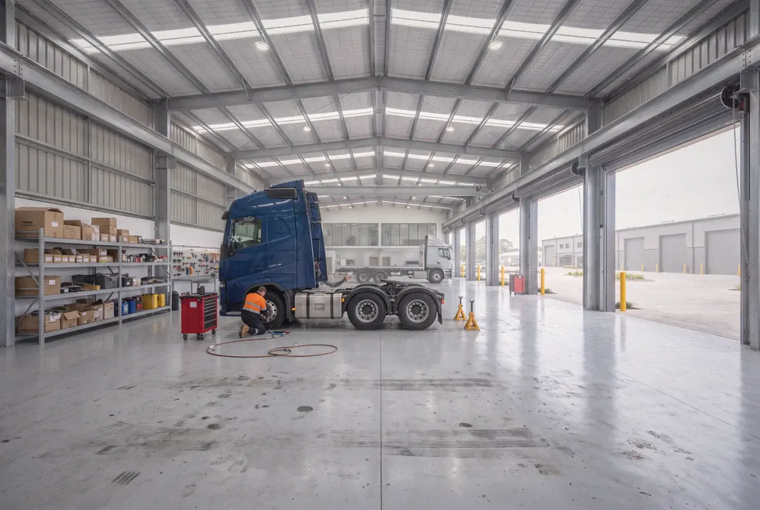 A mechanic working on a blue prime mover in a large multi-bay workshop, with a silver rigid truck in the next bay